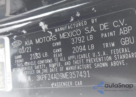 2021 Kia Forte Lxs z USA, uszkodzony, nr VIN 3KPF24AD9ME357431